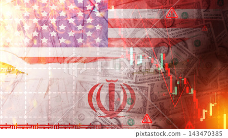 Geopolitical and economic conflict between the USA and Iran, featuring flags, dollar bills, stock market crash graphs, warning signs, and a red Iranian emblem. Finance and economic concept Geopolitical and economic conflict between the USA and Iran, featuring flags, dollar bills, stock market crash graphs, warning signs, and a red Iranian emblem. Finance and economic concept 143470385