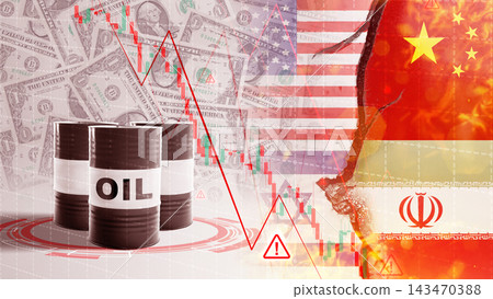 Financial crisis concept illustration featuring oil barrels, declining stock market charts, US dollar bills, and the flags of the USA, China, and Iran. Finance and economic concept Financial crisis concept illustration featuring oil barrels, declining stock market charts, US dollar bills, and the flags of the USA, China, and Iran. Finance and economic concept 143470388