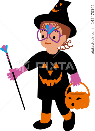 A girl dressed as a witch in a black outfit with a pumpkin pattern for Halloween. 143470543