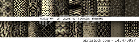 Geometric set of seamless black and golden patterns. Simple vector graphics Geometric set of seamless black and golden patterns. Simple vector graphics 143470957
