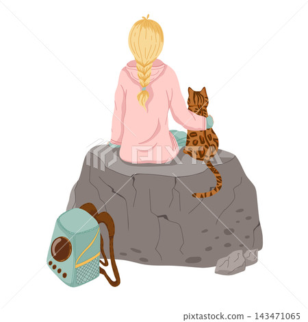 Woman traveling with her cat. Blond girl and bengal cat sitting on a stone. Vector hand drawn cartoon illustration. Scene with a traveler, pet and pet carrier backpack. Travel with your cat concept ar Woman traveling with her cat. Blond girl and bengal cat sitting on a stone. Vector hand drawn cartoon illustration. Scene with a traveler, pet and pet carrier backpack. Travel with your cat concept ar 143471065