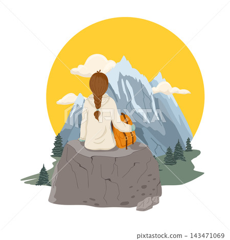 Woman hiking in the mountains. Vector hand drawn flat illustration of a traveling girl. Woman with backpack sitting on a stone and enjoying a beautiful mountain view. Woman hiking in the mountains. Vector hand drawn flat illustration of a traveling girl. Woman with backpack sitting on a stone and enjoying a beautiful mountain view. 143471069