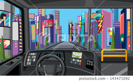Point of View Illustration of Driving a Bus Through a Vibrant City Point of View Illustration of Driving a Bus Through a Vibrant City 143471092