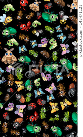 Seamless Vector Pattern of Cute Cartoon Insects on Black Background Seamless Vector Pattern of Cute Cartoon Insects on Black Background 143471123