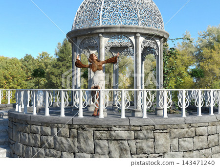 3D Fantasy woman dancing near ornate garden gazebo 3D Fantasy woman dancing near ornate garden gazebo 143471240