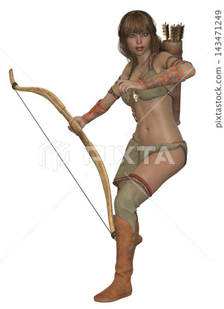 3D Woman archer in fantasy costume holding wooden bow 143471249