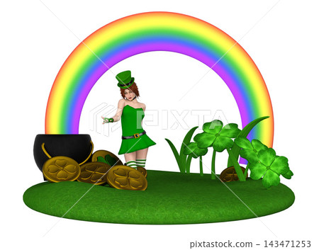 3D Leprechaun woman dancing near rainbow and gold coins 3D Leprechaun woman dancing near rainbow and gold coins 143471253