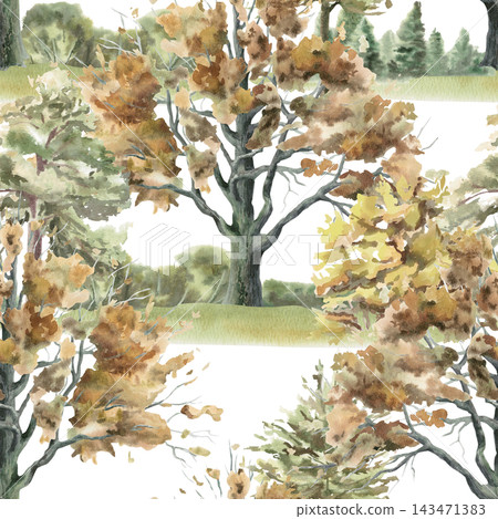 Oak grove seamless watercolor pattern. An isolated illustration for dried fruit packaging, children's clothing design, wallpaper, scrapbooking, bedding, and park merchandise. Oak grove seamless watercolor pattern. An isolated illustration for dried fruit packaging, children's clothing design, wallpaper, scrapbooking, bedding, and park merchandise. 143471383