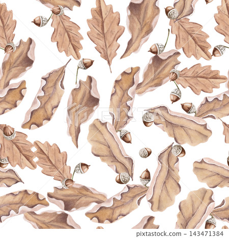 Autumn oak leaves in a seamless watercolor pattern. An isolated illustration for dried fruit packaging, children's clothing design, wallpaper, scrapbooking, bedding, and park merchandise. Autumn oak leaves in a seamless watercolor pattern. An isolated illustration for dried fruit packaging, children's clothing design, wallpaper, scrapbooking, bedding, and park merchandise. 143471384