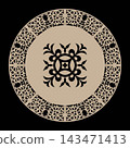 Decorative gold round frame for design with arabesque, floral element. Circle frame. Byzantium, Assyrian, Greek motif circular frame. Template for laser cutting, textile, engraving, embroidery, plate 143471413