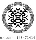 Greek circle ornament. Round floral pattern. Byzantium, Assyrian, Greek motif circular frame. Template for laser cutting, textile, engraving, embroidery, plate. Vector illustration.  143471414