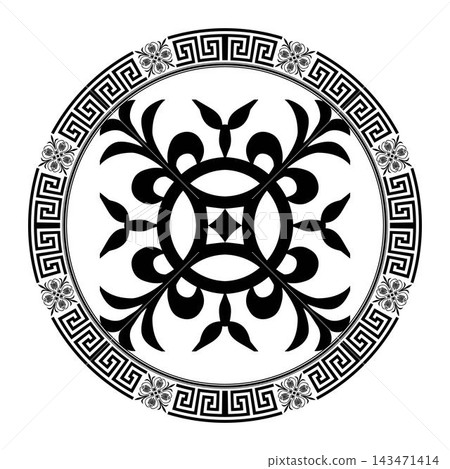 Greek circle ornament. Round floral pattern. Byzantium, Assyrian, Greek motif circular frame. Template for laser cutting, textile, engraving, embroidery, plate. Vector illustration. Greek circle ornament. Round floral pattern. Byzantium, Assyrian, Greek motif circular frame. Template for laser cutting, textile, engraving, embroidery, plate. Vector illustration. 143471414