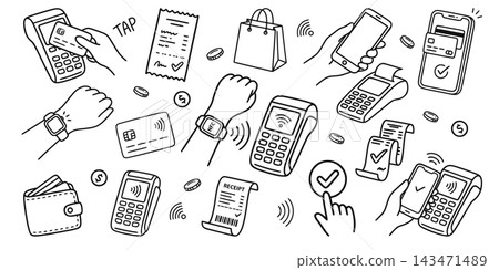 contactless payment NFC. simple linear doodle set of hands holding a smartphone close to a contactless payment terminal, smartwatch held near terminal, NFC wireless payment symbol, wallet, coins contactless payment NFC. simple linear doodle set of hands holding a smartphone close to a contactless payment terminal, smartwatch held near terminal, NFC wireless payment symbol, wallet, coins 143471489