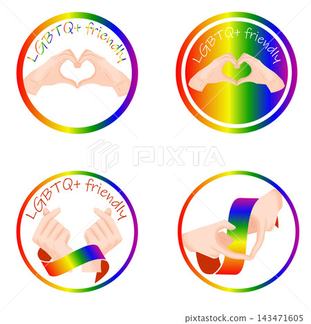 set of LGBT friendly round sticker templates depicting human hands folded in heart gestures with ribbons and backgrounds in LGBT colors, for thematic printing, branding or social media set of LGBT friendly round sticker templates depicting human hands folded in heart gestures with ribbons and backgrounds in LGBT colors, for thematic printing, branding or social media 143471605