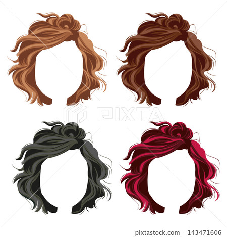 set of templates of careless short female hair cuts in different colors, for design or decoration of female characters set of templates of careless short female hair cuts in different colors, for design or decoration of female characters 143471606