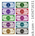Set of money for game on a white background,Printable play money from 1 to 10000.banknotes design, Economy and hobby.voucher.Vector  illustrations. 143471631