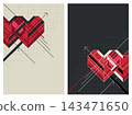 Set of abstract geometric linework of two overlapping red hearts with arrows on dark and light background modern retro style vertical template have blank space. 143471650