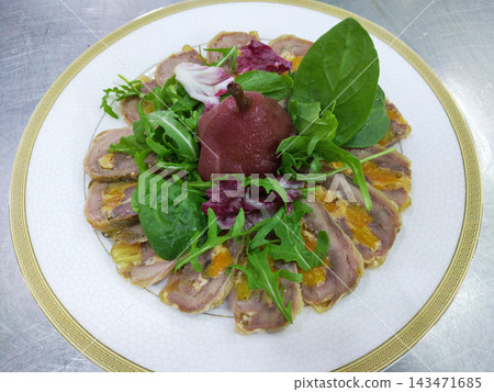 Duck breast fillet with pear, fresh herbs, and dried apricots on a white plate 143471685