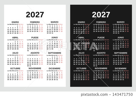 Classic vertical calendar for 2027 in Spanish for planning and organization. Days, weeks, months. Template. Classic vertical calendar for 2027 in Spanish for planning and organization. Days, weeks, months. Template. 143471750
