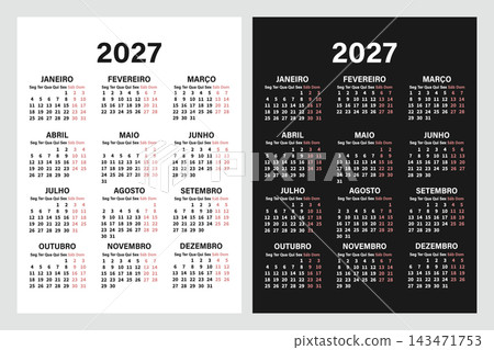 Classic vertical calendar for 2027 in Portuguese for planning and organization. Days, weeks, and months. Template. Classic vertical calendar for 2027 in Portuguese for planning and organization. Days, weeks, and months. Template. 143471753