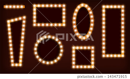 Retro lightbox with bulbs. Marquee light frames with warm glowing bulbs in rectangle oval circle and irregular shapes on brown. Retro lightbox with bulbs. Marquee light frames with warm glowing bulbs in rectangle oval circle and irregular shapes on brown. 143471915