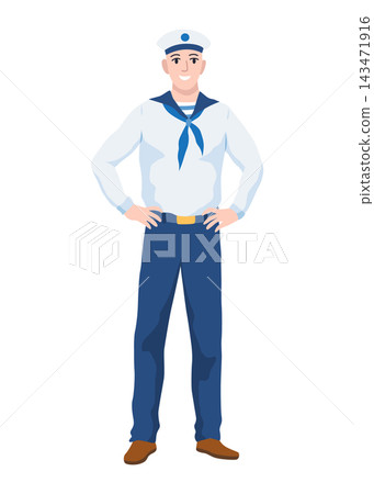 Smiling sailor in navy uniform with blue neckerchief and white cap standing with hands on hips front Smiling sailor in navy uniform with blue neckerchief and white cap standing with hands on hips front 143471916