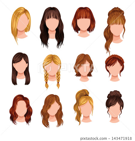 Female hairstyle illustration set with long waves braids buns bangs bob and blonde auburn tones mix Female hairstyle illustration set with long waves braids buns bangs bob and blonde auburn tones mix 143471918