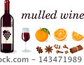 assortment of aromatic spices, bottles of red wine, and juicy oranges of various shapes for making aromatic mulled wine	 143471989