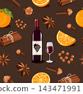 brown patterned background featuring aromatic spices, a bottle of red wine, and juicy oranges of various shapes for making aromatic mulled wine	 143471991