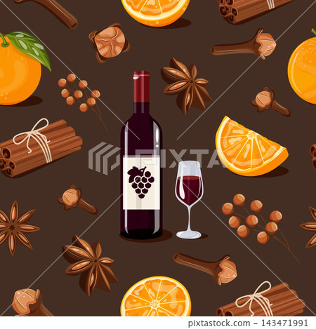 brown patterned background featuring aromatic spices, a bottle of red wine, and juicy oranges of various shapes for making aromatic mulled wine brown patterned background featuring aromatic spices, a bottle of red wine, and juicy oranges of various shapes for making aromatic mulled wine 143471991