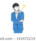 Illustrations of a thinking businessman and a company employee with questions. 143472219