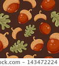 seamless pattern of various brown ripe acorns, caps and leaves of oak tree on brown background, for various autumn designs and packaging or textiles 143472224