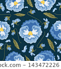seamless pattern with blue flowers, namely blue pansies and various leaves, flower buds on a blue background, for textiles or various packaging	 143472226