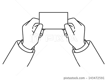 Illustration of a male office worker's hands as he hands over a business card. Illustration of a male office worker's hands as he hands over a business card. 143472591