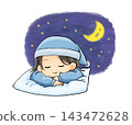 An illustration of a woman in pajamas sleeping face down on a pillow at night. 143472628