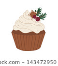 Hand-drawn Christmas cupcake with creamy frosting, holly leaves and festive star decoration, isolated vector illustration for holiday bakery, packaging and seasonal design 143472950