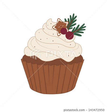 Hand-drawn Christmas cupcake with creamy frosting, holly leaves and festive star decoration, isolated vector illustration for holiday bakery, packaging and seasonal design Hand-drawn Christmas cupcake with creamy frosting, holly leaves and festive star decoration, isolated vector illustration for holiday bakery, packaging and seasonal design 143472950
