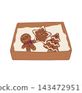 Hand-drawn Christmas cookie box with assorted festive cookies, including gingerbread man, star and Christmas tree, isolated vector illustration for holiday packaging and bakery design 143472951