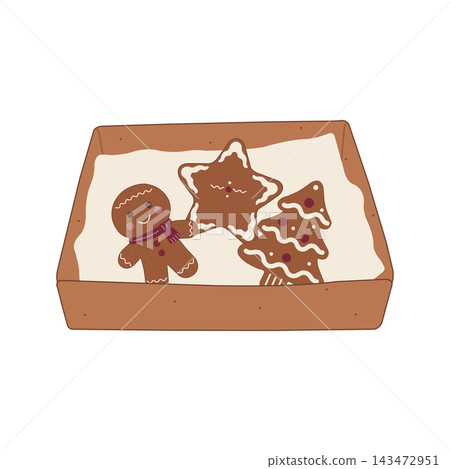 Hand-drawn Christmas cookie box with assorted festive cookies, including gingerbread man, star and Christmas tree, isolated vector illustration for holiday packaging and bakery design 143472951