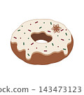 Hand-drawn Christmas donut with creamy icing, festive sprinkles and a snowflake decoration, isolated vector illustration for holiday bakery, packaging and seasonal design 143473123