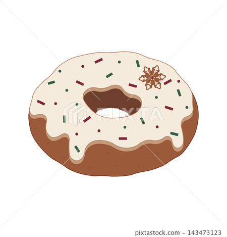 Hand-drawn Christmas donut with creamy icing, festive sprinkles and a snowflake decoration, isolated vector illustration for holiday bakery, packaging and seasonal design Hand-drawn Christmas donut with creamy icing, festive sprinkles and a snowflake decoration, isolated vector illustration for holiday bakery, packaging and seasonal design 143473123