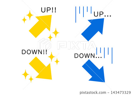 A set of arrows with glitter, shock lines, and the words "up" and "down" applied to them. A set of arrows with glitter, shock lines, and the words "up" and "down" applied to them. 143473329