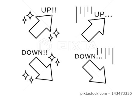 A set of arrows with glitter, shock lines, and the words "up" and "down" applied to them. 143473330