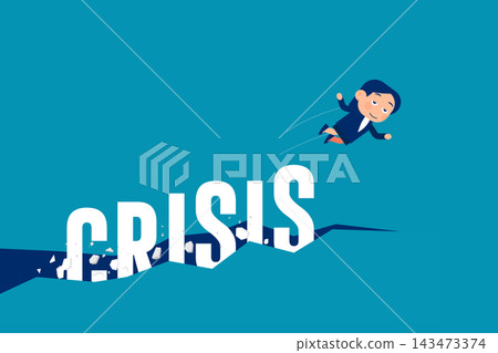 Financial crisis of unemployment. Businesswoman jump out from crisis Financial crisis of unemployment. Businesswoman jump out from crisis 143473374