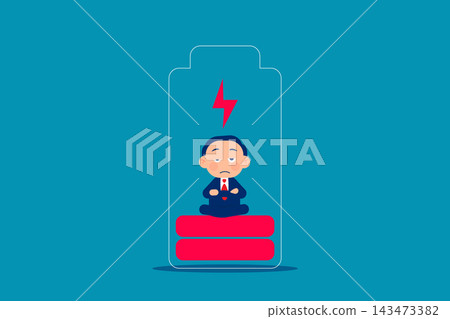 Loss. Businessman meditating inside the battery to charge. Loss. Businessman meditating inside the battery to charge. 143473382