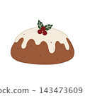 Hand-drawn traditional Christmas pudding with creamy icing and holly decoration, isolated vector illustration for holiday bakery, packaging, menus and seasonal design 143473609