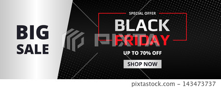 Promotional Black Friday sale banner featuring special offer framing, bold discount, shop now button, and high-contrast black and white layout with red accents for retail advertising Promotional Black Friday sale banner featuring special offer framing, bold discount, shop now button, and high-contrast black and white layout with red accents for retail advertising 143473737