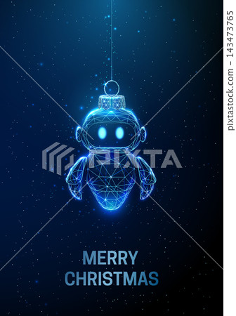 3D blue robot christmas toy hanging by a string. Merry christmas, new year holiday, festive gift, winter celebration, robotic helper, decoration, joy concept 3D blue robot christmas toy hanging by a string. Merry christmas, new year holiday, festive gift, winter celebration, robotic helper, decoration, joy concept 143473765