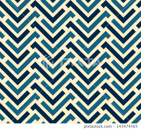 Seamless geometric chevron pattern with blue, dark navy, and cream overlapping zigzag lines. Vector illustration. Seamless geometric chevron pattern with blue, dark navy, and cream overlapping zigzag lines. Vector illustration. 143474565