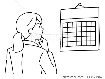 Illustration of a female office worker looking at a calendar Illustration of a female office worker looking at a calendar 143474967